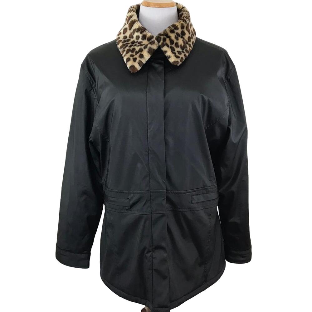 Women's Coat Jacket Zipper Front Faux Fur Collar Black Size Large T Z
